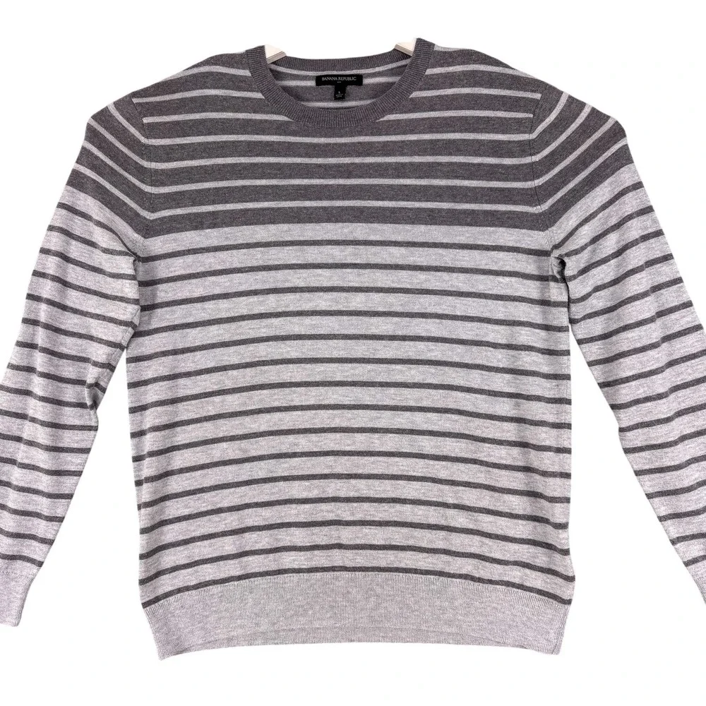 Banana Republic Sweater‎ Mens Large Gray Striped Crewneck Pullover Lightweight